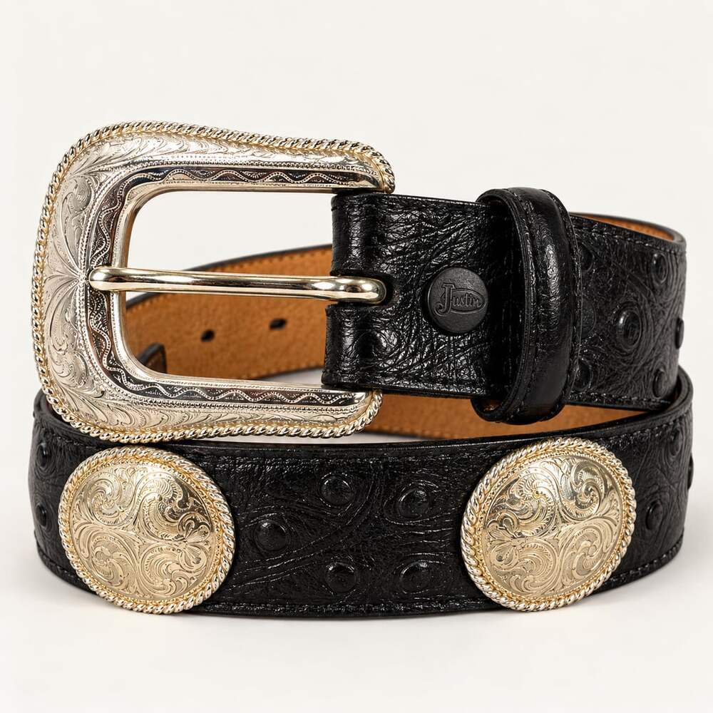 Justin Western Black Leather Concho Belt 36 Silver Engraved Buckle Cowboy Rodeo